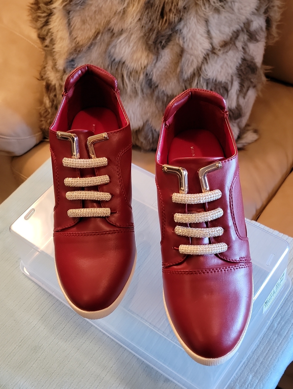 Women's Casual Leather Slip-On Sneakers in Burgundy with Gold Accents